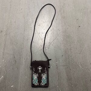 American Bling‎ Western Leather Embossed Turquoise Cross Studded Crossbody Bag